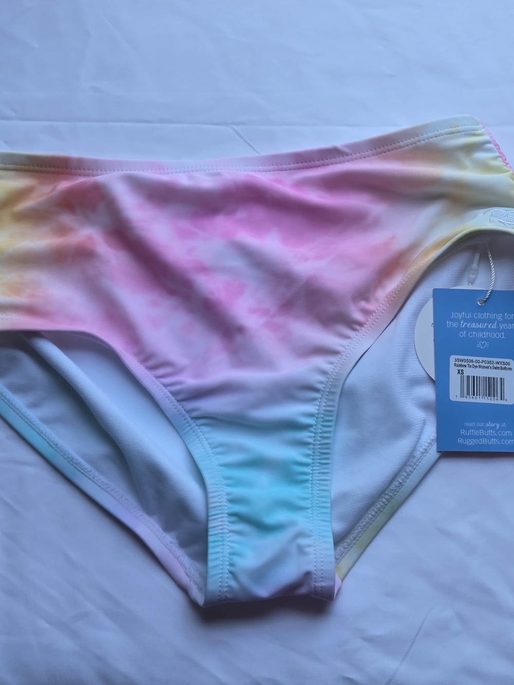 RuffleButts Pastel Tie-Dye Bikini Bottoms - Pink, Blue, Yellow. Womens XS